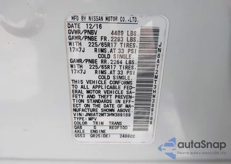 2017 Nissan Rogue Sv z USA, uszkodzony, nr VIN JN8AT2MT3HW389189